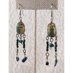 Artisan Boho Scarab Earrings Turquoise Sodalite Beads Dangle Southwest Handmade